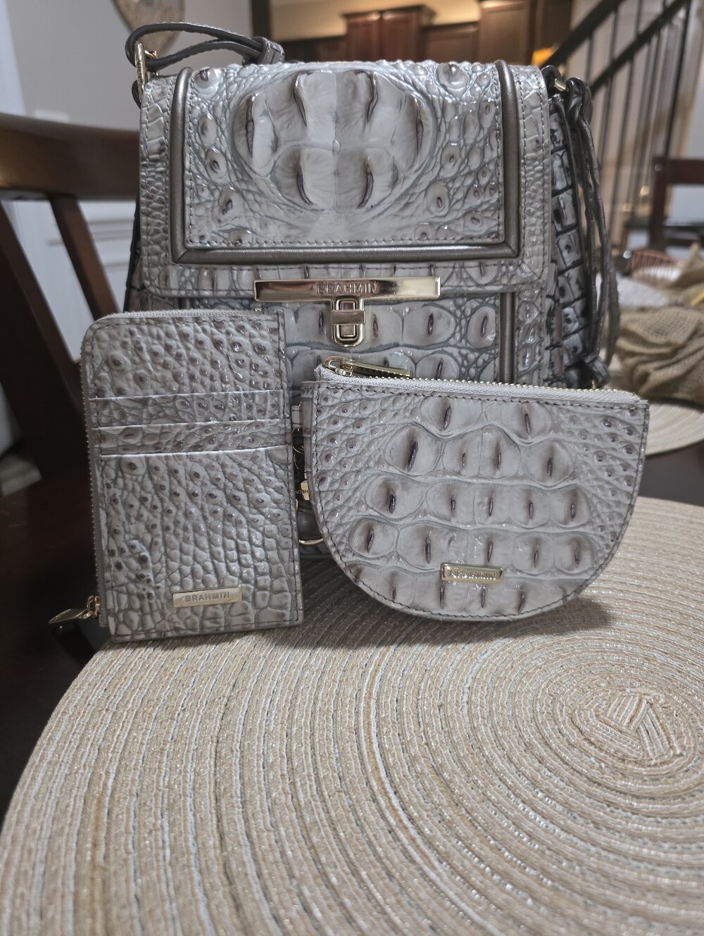 Brahmin Light Gray Croc-Embossed Satchel with Matching Wallet & Coin Pouch